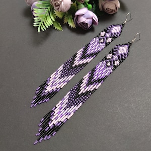 Purple beaded earrings Long earrings Boho fringe earrings Native earrings Purple and black earrings Embellished earrings Handmade earrings