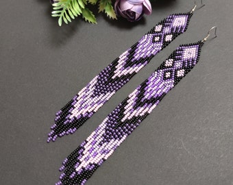 Purple beaded earrings Long earrings Boho fringe earrings Native earrings Purple and black earrings Embellished earrings Handmade earrings