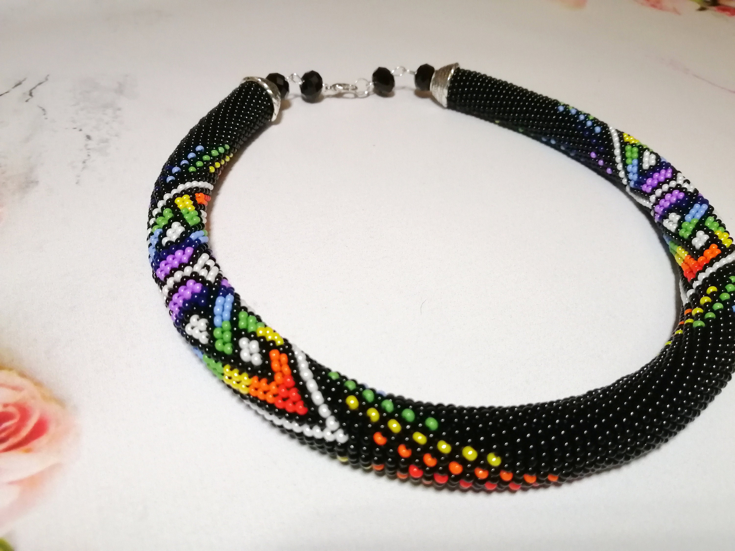 Native Style Rope Beaded American Necklace Black Braided Etsy UK