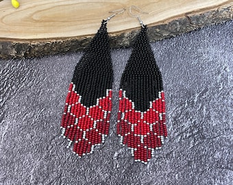 Bead earrings Black red earrings Handmade earrings Long earrings Fringed earrings Boho earrings Drop earrings Red earrings Gifts for her
