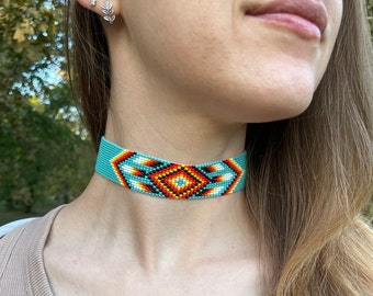 Beaded choker Native necklace Turquoise necklace native pattern Boho necklace Bead loom choker Beaded short necklace Minimalist choker