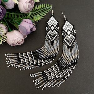 Beaded fringe earrings Black gray earrings Boho earrings Long earrings Native earrings Drop earrings Extra long beaded  Ombre Earrings