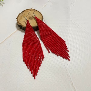 Beaded earrings Red earrings Long earrings Red earrings beads Fringe earrings Boho earrings Handmade earrings Gifts for her Drop earrings