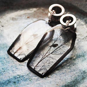 Handmade Bird & Coffin Dangle Ear Plugs: Gothic Gauge Earrings