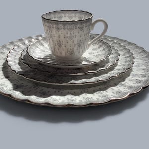 Peut inclure: Un service à thé en porcelaine blanche orné d'un délicat motif floral gris et de bords festonnés avec une bordure argentée. L'ensemble comprend une tasse, une soucoupe et deux assiettes empilées de tailles différentes, au motif gris complexe.