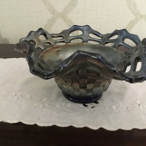 Vintage Fenton Carnival cobalt blue Basket Weave ruffled candy bowl