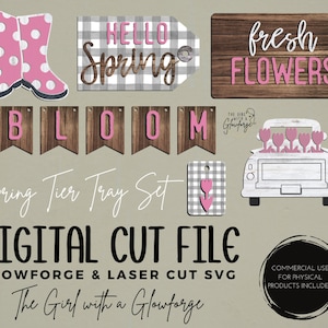 May include: A spring-themed digital cut file set with wooden elements. Includes pink polka-dot rain boots, a "Hello Spring" tag, a "Fresh Flowers" sign, a "Bloom" banner, a truck with tulips, and a tag with a tulip.