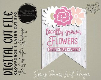 May include: A wooden sign with a whitewashed wood background and a pink banner with the text "locally grown FLOWERS" and the words "DAISIES - TULIPS - PEONIES" below. The sign is decorated with pink and white flowers.