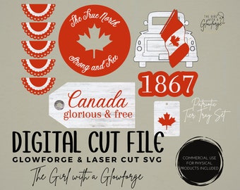 May include: Digital cut file for a patriotic tiered tray set with a Canadian theme. The design includes a red maple leaf, the words "The True North Strong and Free", "Canada glorious & free", and "1867".