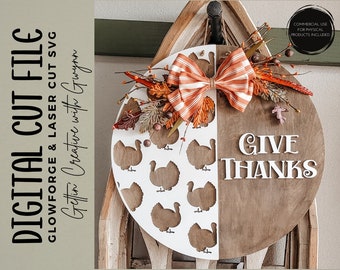 Colgador de puerta cortado con láser SVG / Colgador de puerta láser de otoño / Archivo de signo de Acción de Gracias / Láser de otoño SVG / Archivo de caída láser Glowforge / Otoño Glowforge