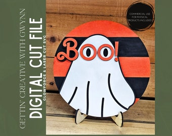 Laser Cut Round Sign SVG | Ghost Laser SVG | Boo Ghost Sign Laser File | Halloween Laser SVG | Glowforge Laser Fall File | Glowforge Fall