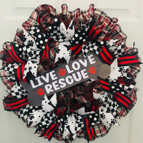 Rescue Deco Mesh Wreath. Pet rescue, dog rescue, cat rescue, rescue gifts, pet adoption, pet shelter, red and black wreath