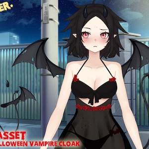 Puede incluir: Un activo de capa de vampiro de Halloween animada para un VTuber. La imagen presenta un personaje de anime femenino con cabello negro, ojos rojos y pequeños cuernos. Viste un atuendo negro con detalles de rosas rojas y alas de murciélago. El texto incluye "LIVE2D VER." y "VTUBER ASSET".