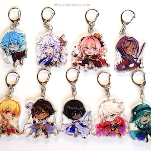 Peut inclure: Collection de porte-clés en acrylique représentant des personnages de style anime. Chaque porte-clés est doté d'un fermoir argenté et représente un personnage différent aux couleurs vives. Les personnages portent des tenues détaillées et ont des expressions variées, certains tenant des accessoires. Le fond est blanc.