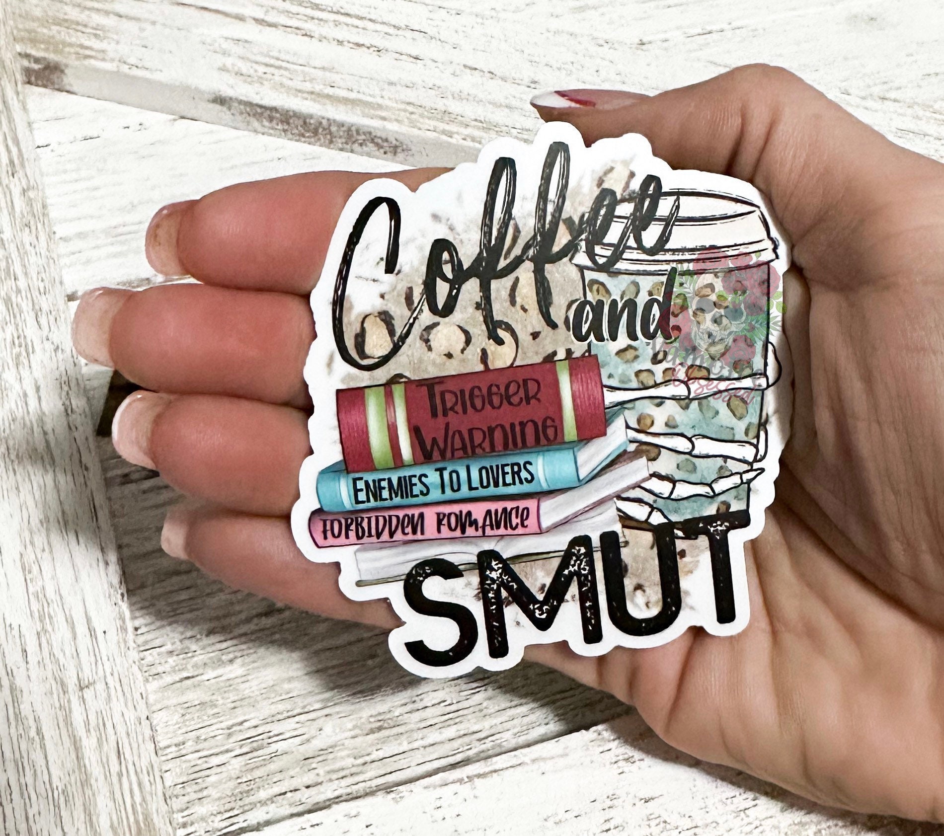 Coffee and Smut, kindle case sticker, tbr catt sticker, laptop sticker. spicy book, large bookish sticker, ereader waterproof sticker