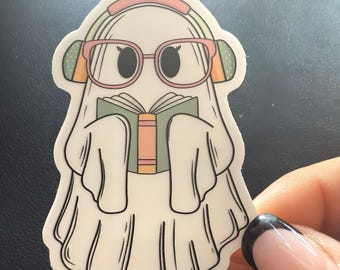 Audiobook ghostie Halloween sticker, Bookish, ereader, laptop sticker, waterproof sticker