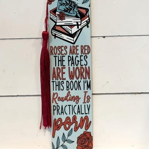 May include: A light blue bookmark with a red tassel. The bookmark features a stack of books with a rose and the text "Roses are red, the pages are worn, this book I'm reading is practically porn."