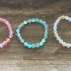 Mermaid Glass stretchy beaded bracelet, glowing bracelet, blue, pink, white glow, spring jewelry