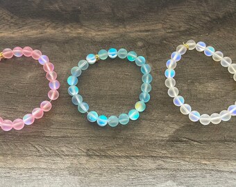 Mermaid Glass Stretchy Beaded Bracelet, Glowing Bracelet, Blue