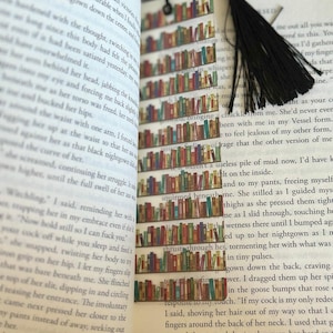 May include: A bookmark featuring a colorful illustration of a bookshelf filled with books. The bookmark is made of paper and has a black tassel.