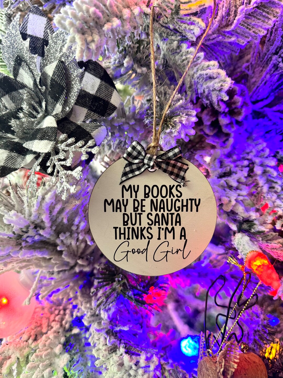 Santa Naughty Books Christmas Tree Ornament, Bookish Farmhouse Ornament