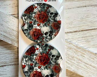 Skulls and red roses, cute Halloween, gothic ceramic car coaster set
