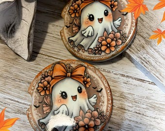 Ghost Halloween, cute fall, Halloween ceramic car coaster set