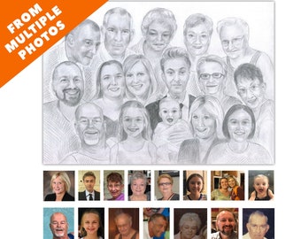 Custom Hand-Drawn Pencil Portrait: Combined Photos, Family Gift