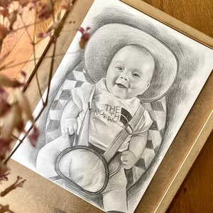 Custom Hand-Drawn Pencil Portrait from Photo: Baby, Child, Family