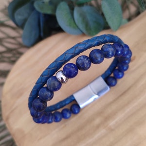 Pulseras lapizlazuli y cuero, pulsera hombre, regalo para novio y aniversario, regalos para día del padre y para papá pulseras de cuentas