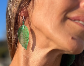 Galvanized natural leaf earrings, silver clasp, gift for women, gift for friend, gift for teenager, silver leaf earrings
