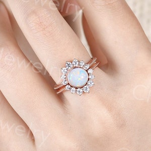 Vintage Opal Engagement Ring Set Rose Gold Halo Wedding Ring Delicate Round Moissanite Ring Milgrain Curved Band Anniversary Bridal Set