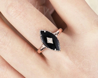 Vintage Marquise Black Onyx Engagement Ring Rose Gold Milgrain Ring Antique Diamond Ring Claw Prong Set Solid Yellow Gold Onyx Ring