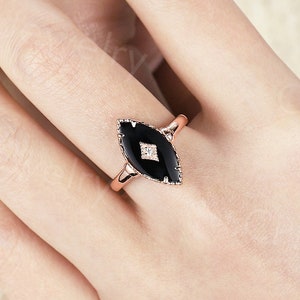 Vintage Marquise Cut Black Onyx Engagement Ring Rose Gold Milgrain Ring Antique Diamond Ring Claw Prong Set Solid Yellow Gold Onyx Ring