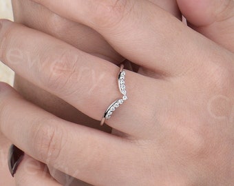 Curved wedding band white gold Moissanite/Diamond chevron wedding band Vintage delicate ring matching unique band anniversary promise ring