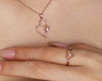 Herz Schmuck-Set Zierliche Runde Moissanite Anhänger Halskette Roségold Solitär Verlobungsring Liebeskette Jubiläumsring