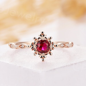 Rose gold dainty ruby engagement ring vintage round cut lab ruby milgrain ring half eternity diamond ring art deco promise anniversary ring