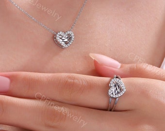 Zierliche Herz Halskette Halo Halskette Zarte Runde Moissanite Verlobungsring Liebe Schmuck Set Geschenk für ihren Jahrestag Versprechen Ring