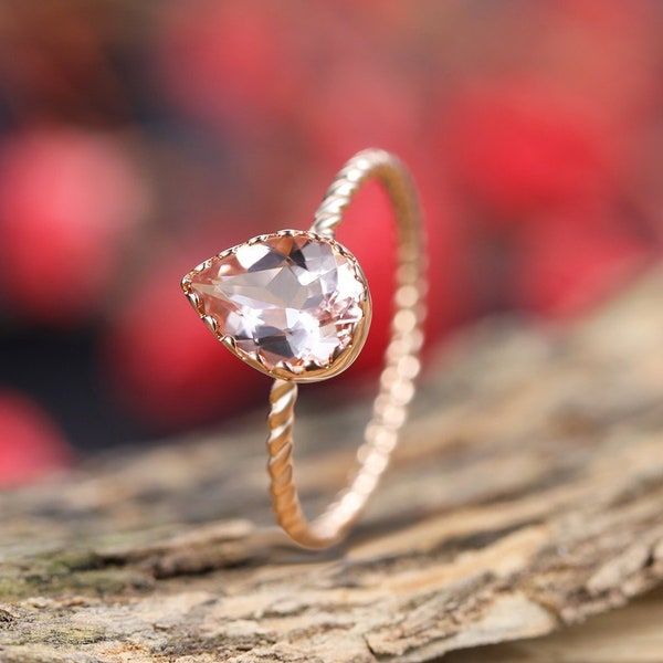 Vintage Morganite engagement ring rose gold Solitaire pear shaped wedding ring art deco twisted band ring unique anniversary ring