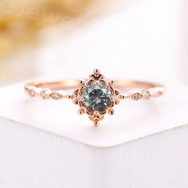 Salt and pepper diamond engagement ring vintage round rose gold moissanite ring delicate half eternity ring anniversary bridal promise ring