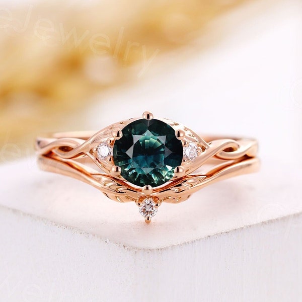 Round teal sapphire engagement ring set vintage rose gold bridal set unique art deco moissanite ring set anniversary promise bridal ring set
