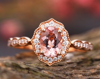 Vintage oval morganite engagement ring Art deco moissanite wedding ring rose gold diamond halo rings antique half eternity anniversary ring