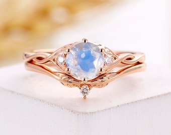 Vintage Moonstone engagement ring set rose gold round cut ring art deco diamond women ring vintage promise ring anniversary bridal ring