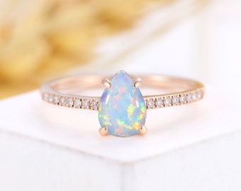 Opal engagement ring pear shaped,diamond women ring prong set, half eternity rose gold ring, birthstone ring, anniversary bridal ring