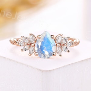 Vintage pear moonstone engagement ring rose gold twist ring marquise moissanite diamond cluster ring unique anniversary promise ring
