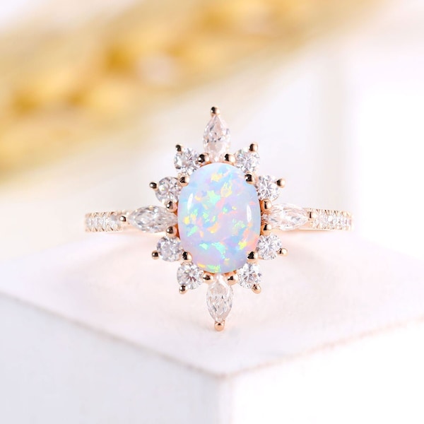 Vintage Opal engagement ring rose gold ring ,  art deco halo set moissanite ring prong set ring , unique anniversary ring, promise ring