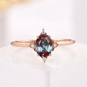 Art deco alexandrite engagement ring vintage oval alexandrite ring unique rose gold diamond ring anniversary promise moissanite bridal ring