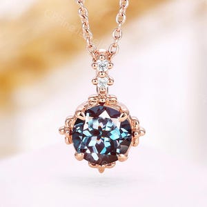 Vintage alexandrite engagement necklace rose gold charm necklace unique round diamond pendant delicate anniversary promise necklace