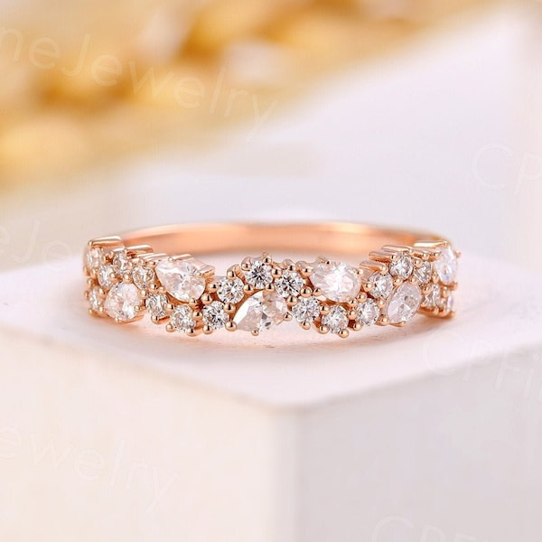 Vintage moissanite wedding band unique engagement band pear cut band stacking band matching band rose gold band anniversary band ring