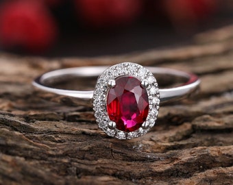 Lab ruby engagement halo ring vintage oval cut white gold ruby ring antique moissanite/diamond anniversary ring art deco bridal promise ring